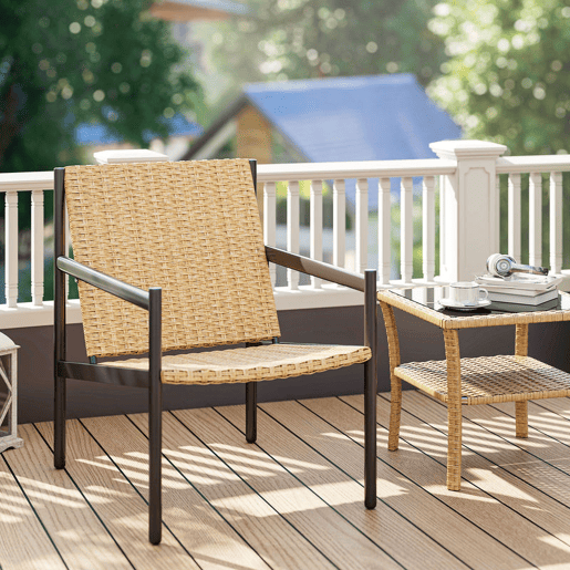 Outsunny Cadeira de Jardim em Vime Individual Cadeira para Exterior Resistente às Intempéries com Apoios de Braços Encosto Inclinado e Estrutura de Aço Carga 120 kg para Pátio Varanda 61x74x81 cm Madeira