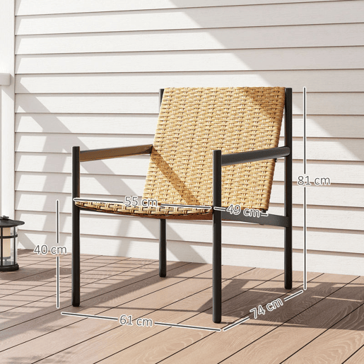 Outsunny Cadeira de Jardim em Vime Individual Cadeira para Exterior Resistente às Intempéries com Apoios de Braços Encosto Inclinado e Estrutura de Aço Carga 120 kg para Pátio Varanda 61x74x81 cm Madeira