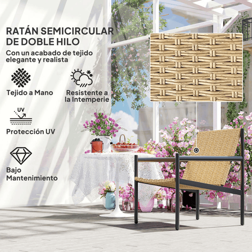Outsunny Cadeira de Jardim em Vime Individual Cadeira para Exterior Resistente às Intempéries com Apoios de Braços Encosto Inclinado e Estrutura de Aço Carga 120 kg para Pátio Varanda 61x74x81 cm Madeira