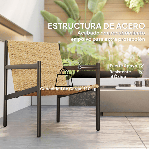 Outsunny Cadeira de Jardim em Vime Individual Cadeira para Exterior Resistente às Intempéries com Apoios de Braços Encosto Inclinado e Estrutura de Aço Carga 120 kg para Pátio Varanda 61x74x81 cm Madeira