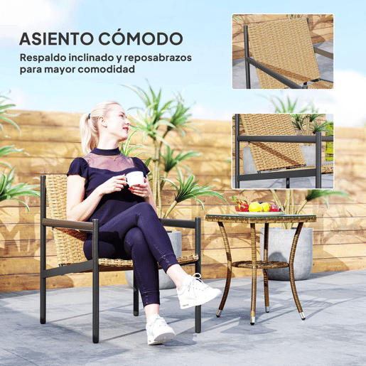 Outsunny Cadeira de Jardim em Vime Individual Cadeira para Exterior Resistente às Intempéries com Apoios de Braços Encosto Inclinado e Estrutura de Aço Carga 120 kg para Pátio Varanda 61x74x81 cm Madeira