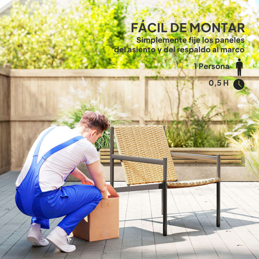 Outsunny Cadeira de Jardim em Vime Individual Cadeira para Exterior Resistente às Intempéries com Apoios de Braços Encosto Inclinado e Estrutura de Aço Carga 120 kg para Pátio Varanda 61x74x81 cm Madeira