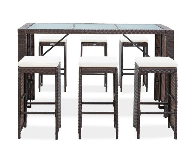 Set de bar para jardín 7 pzas y cojines ratán sintético marrón