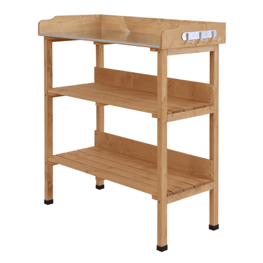 Outsunny Mesa de Plantação em Madeira com 3 Níveis, Mesa de Jardinagem com Placa Metálica, 2 Prateleiras e Ganchos, Resistente às Intempéries, para Jardim, Terraço e Varanda, 76x37x89 cm, Natural