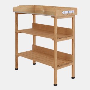 Outsunny Mesa de Plantação em Madeira com 3 Níveis, Mesa de Jardinagem com Placa Metálica, 2 Prateleiras e Ganchos, Resistente às Intempéries, para Jardim, Terraço e Varanda, 76x37x89 cm, Natural
