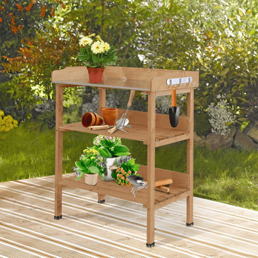 Outsunny Mesa de Plantação em Madeira com 3 Níveis, Mesa de Jardinagem com Placa Metálica, 2 Prateleiras e Ganchos, Resistente às Intempéries, para Jardim, Terraço e Varanda, 76x37x89 cm, Natural