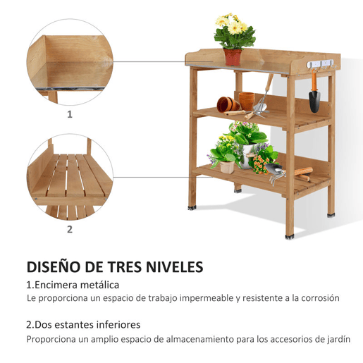 Outsunny Mesa de Plantação em Madeira com 3 Níveis, Mesa de Jardinagem com Placa Metálica, 2 Prateleiras e Ganchos, Resistente às Intempéries, para Jardim, Terraço e Varanda, 76x37x89 cm, Natural