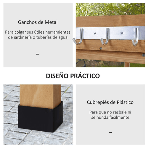 Outsunny Mesa de Plantação em Madeira com 3 Níveis, Mesa de Jardinagem com Placa Metálica, 2 Prateleiras e Ganchos, Resistente às Intempéries, para Jardim, Terraço e Varanda, 76x37x89 cm, Natural