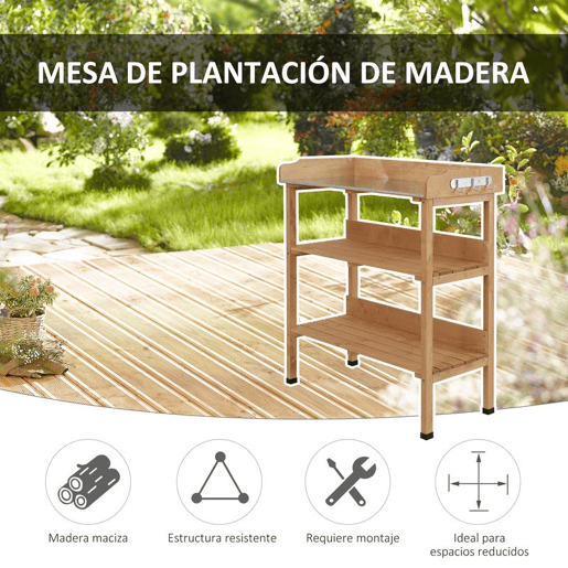Outsunny Mesa de Plantação em Madeira com 3 Níveis, Mesa de Jardinagem com Placa Metálica, 2 Prateleiras e Ganchos, Resistente às Intempéries, para Jardim, Terraço e Varanda, 76x37x89 cm, Natural