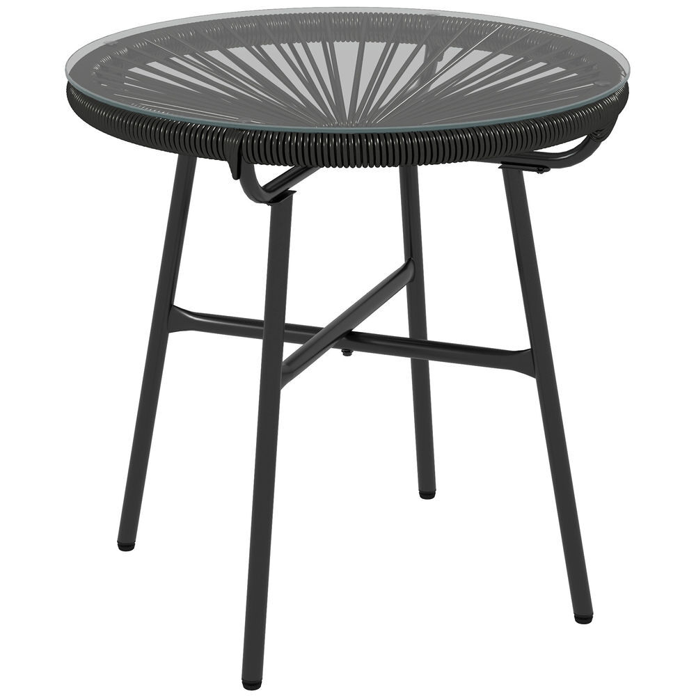 Outsunny mesa de jardín de ratán sintético mesa de centro redonda para exteriores con tablero de vidrio templado y patas de metal para patio balcón ø50x50 cm negro