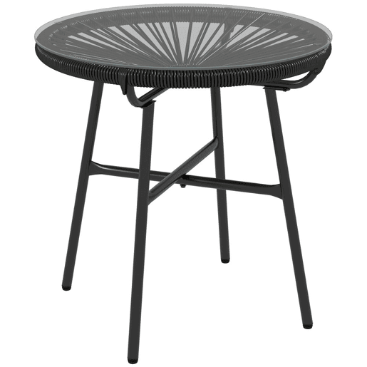 Outsunny Mesa Auxiliar de Vime Sintético Mesa de Centro Redonda para Exteriores com Bancada de Vidro Temperado e Pés de Metal para Pátio Jardim Varanda Ø50x50 cm Preto
