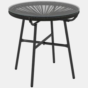 Outsunny Mesa Auxiliar de Vime Sintético Mesa de Centro Redonda para Exteriores com Bancada de Vidro Temperado e Pés de Metal para Pátio Jardim Varanda Ø50x50 cm Preto