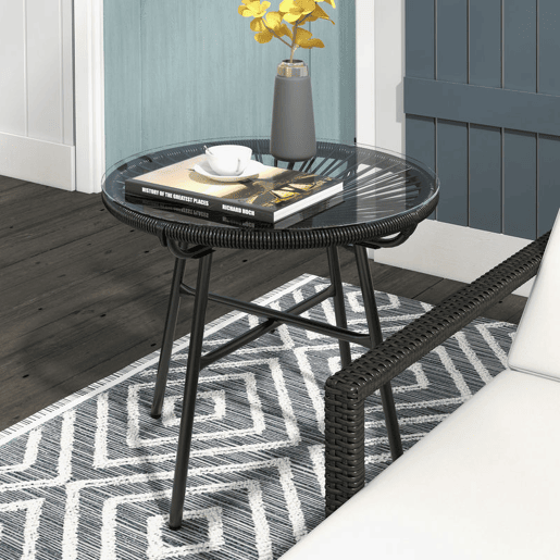 Outsunny Mesa Auxiliar de Vime Sintético Mesa de Centro Redonda para Exteriores com Bancada de Vidro Temperado e Pés de Metal para Pátio Jardim Varanda Ø50x50 cm Preto