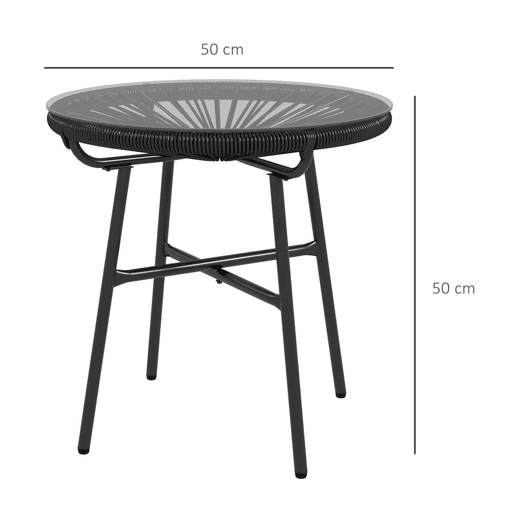 Outsunny Mesa Auxiliar de Vime Sintético Mesa de Centro Redonda para Exteriores com Bancada de Vidro Temperado e Pés de Metal para Pátio Jardim Varanda Ø50x50 cm Preto
