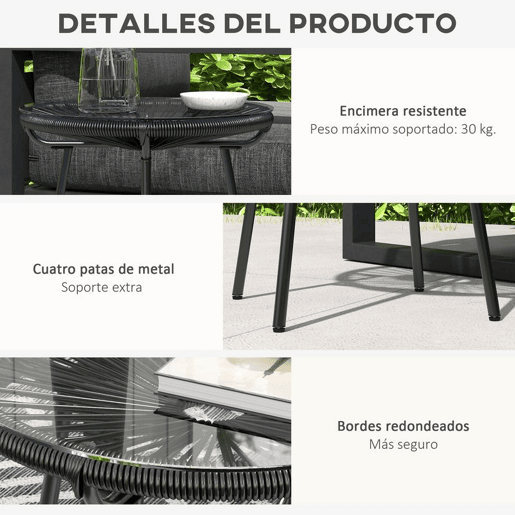 Outsunny Mesa Auxiliar de Vime Sintético Mesa de Centro Redonda para Exteriores com Bancada de Vidro Temperado e Pés de Metal para Pátio Jardim Varanda Ø50x50 cm Preto