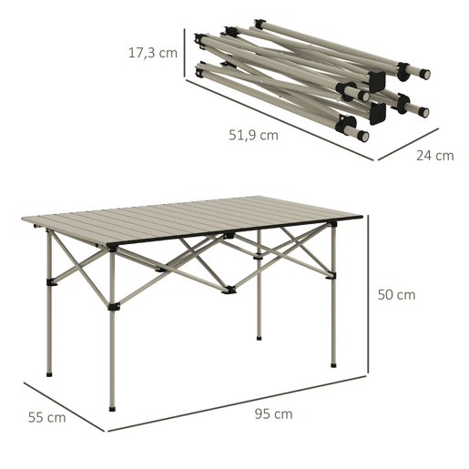 Outsunny Mesa de Campismo Dobrável de Metal com Tampo Enrolável e Bolsa de Transporte Mesa de Piquenique Portátil para Campismo Trekking Praia e Barbecue 95x55x50 cm Marrom Claro