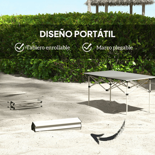 Outsunny Mesa de Campismo Dobrável de Metal com Tampo Enrolável e Bolsa de Transporte Mesa de Piquenique Portátil para Campismo Trekking Praia e Barbecue 95x55x50 cm Marrom Claro