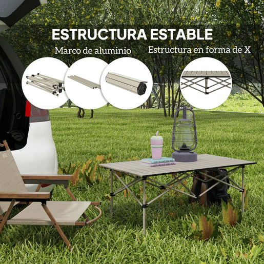 Outsunny Mesa de Campismo Dobrável de Metal com Tampo Enrolável e Bolsa de Transporte Mesa de Piquenique Portátil para Campismo Trekking Praia e Barbecue 95x55x50 cm Marrom Claro