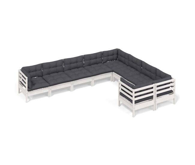 Muebles de jardín 9 pzas y cojines blanco madera de pino