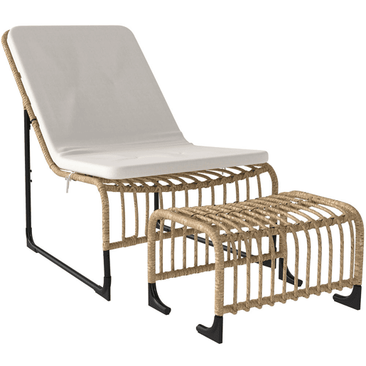 Outsunny Conjunto de Poltrona de Jardim com Apoio para os Pés de Vime Sintético Poltrona para Exterior com Almofada Acolchoada e Estrutura de Aço 65x93x80 cm Madeira e Bege
