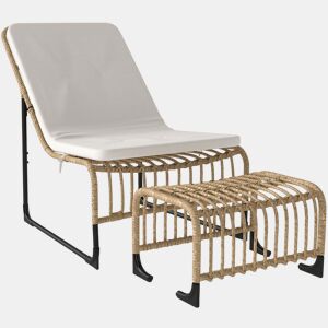 Outsunny Conjunto de Poltrona de Jardim com Apoio para os Pés de Vime Sintético Poltrona para Exterior com Almofada Acolchoada e Estrutura de Aço 65x93x80 cm Madeira e Bege