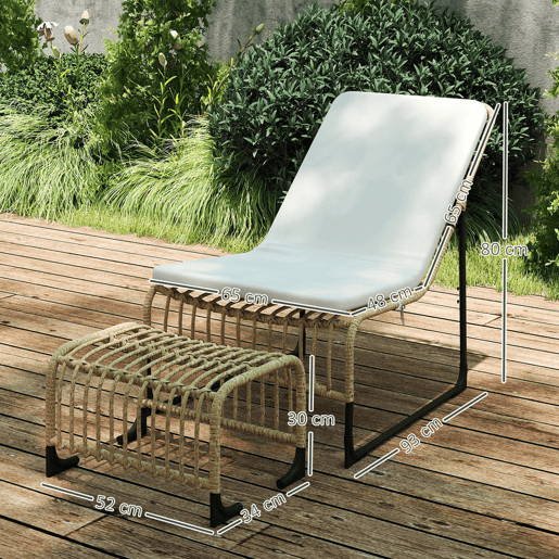 Outsunny Conjunto de Poltrona de Jardim com Apoio para os Pés de Vime Sintético Poltrona para Exterior com Almofada Acolchoada e Estrutura de Aço 65x93x80 cm Madeira e Bege