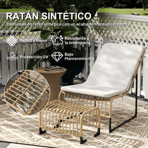 Outsunny Conjunto de Poltrona de Jardim com Apoio para os Pés de Vime Sintético Poltrona para Exterior com Almofada Acolchoada e Estrutura de Aço 65x93x80 cm Madeira e Bege