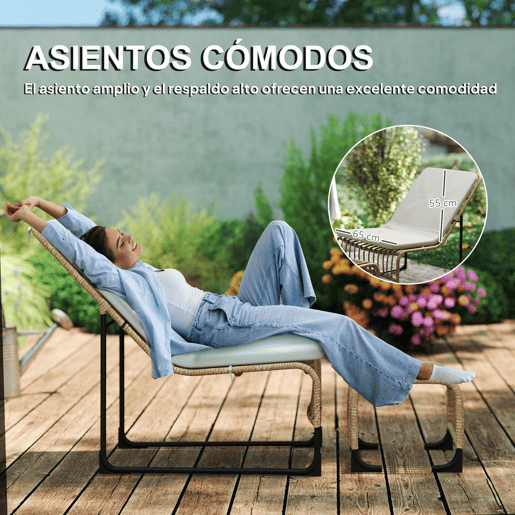 Outsunny Conjunto de Poltrona de Jardim com Apoio para os Pés de Vime Sintético Poltrona para Exterior com Almofada Acolchoada e Estrutura de Aço 65x93x80 cm Madeira e Bege