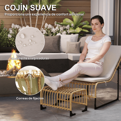 Outsunny Conjunto de Poltrona de Jardim com Apoio para os Pés de Vime Sintético Poltrona para Exterior com Almofada Acolchoada e Estrutura de Aço 65x93x80 cm Madeira e Bege