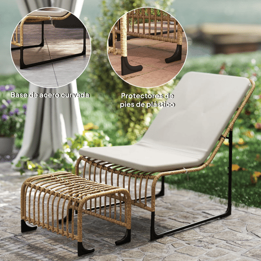 Outsunny Conjunto de Poltrona de Jardim com Apoio para os Pés de Vime Sintético Poltrona para Exterior com Almofada Acolchoada e Estrutura de Aço 65x93x80 cm Madeira e Bege