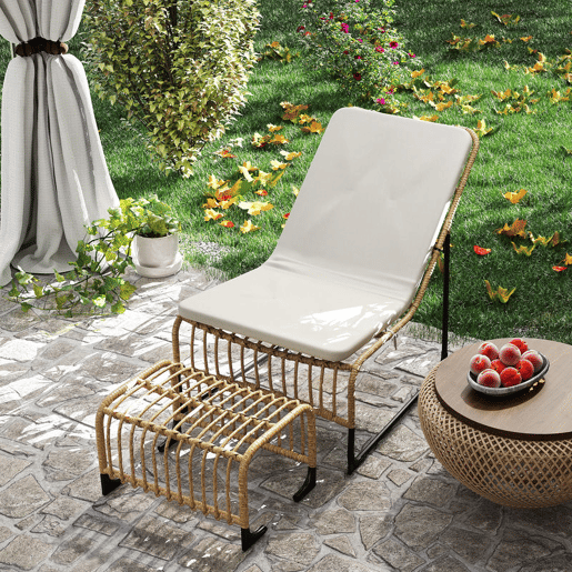 Outsunny Conjunto de Poltrona de Jardim com Apoio para os Pés de Vime Sintético Poltrona para Exterior com Almofada Acolchoada e Estrutura de Aço 65x93x80 cm Madeira e Bege