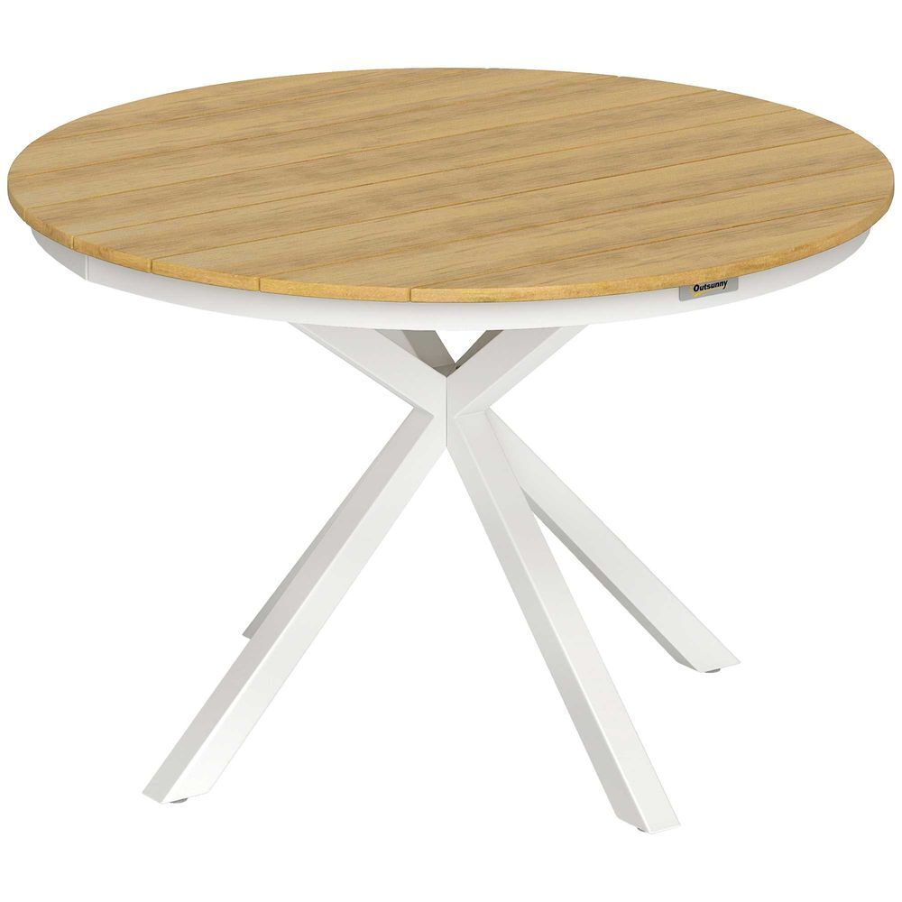 Outsunny mesa de jardín redonda mesa de terraza exterior ø118x74 cm con estructura de aluminio patas cruzadas y encimera de listones carga 70 kg para patio balcón teca
