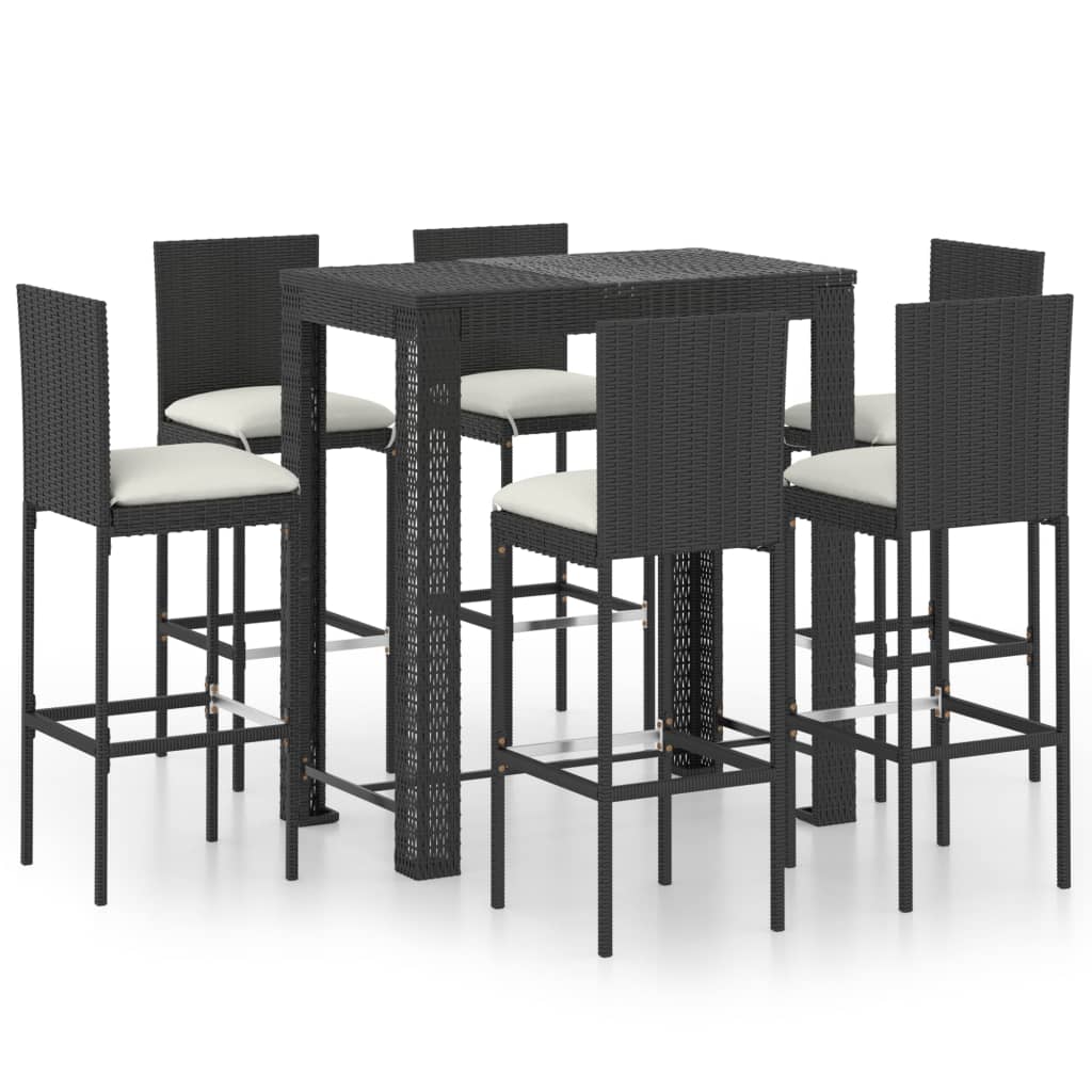 Conjunto de bar para jardín 7 pzas ratán sintético cojines Negro