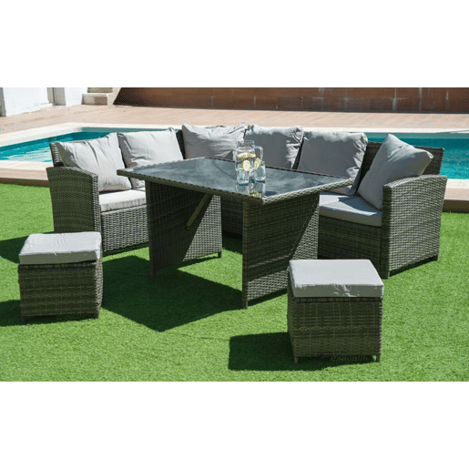Sofá de Canto + Mesa + 2 puffs PE Ratan. Móveis de jardim e terraço