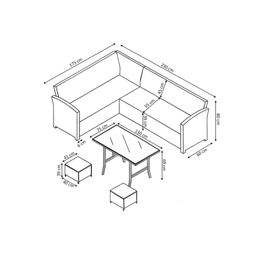 Sofá de Canto + Mesa + 2 puffs PE Ratan. Móveis de jardim e terraço