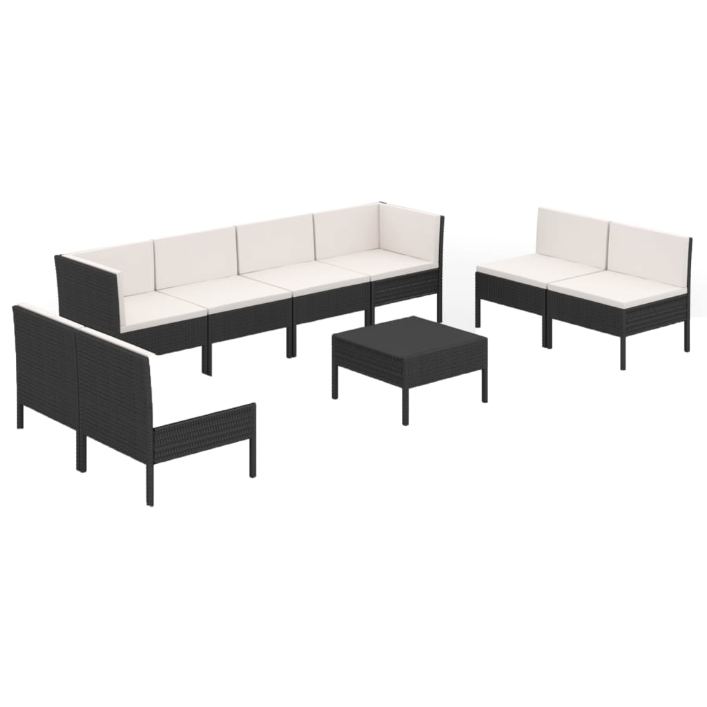Set muebles de jardín 9 pzas y cojines ratán sintético negro