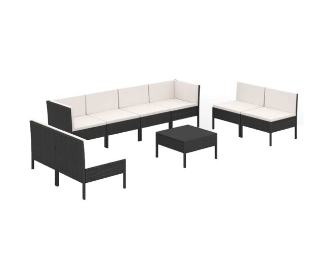 Set muebles de jardín 9 pzas y cojines ratán sintético negro