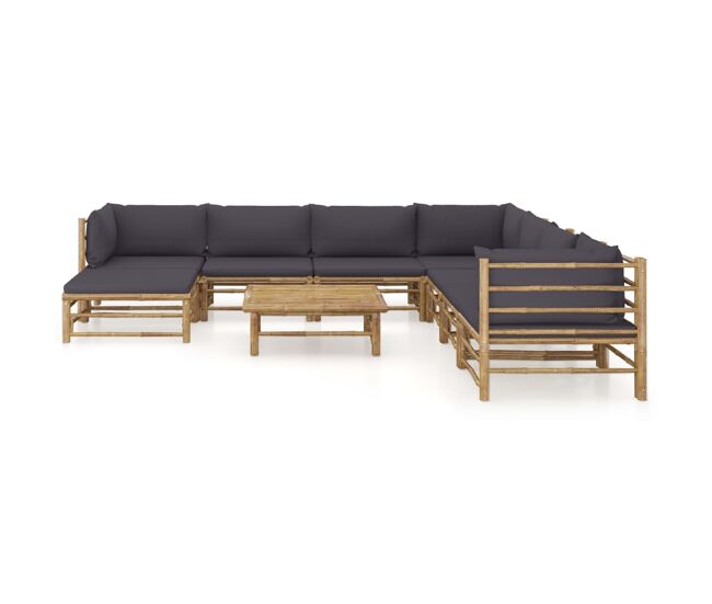 Set de muebles de jardín 9 piezas bambú y cojines gris oscuro