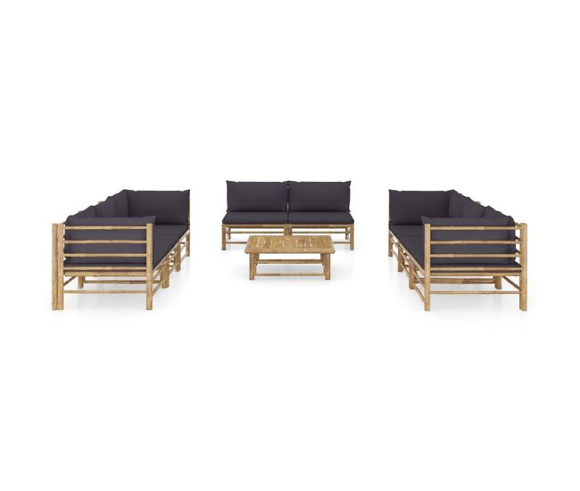 Set de muebles de jardín 9 piezas bambú y cojines gris oscuro