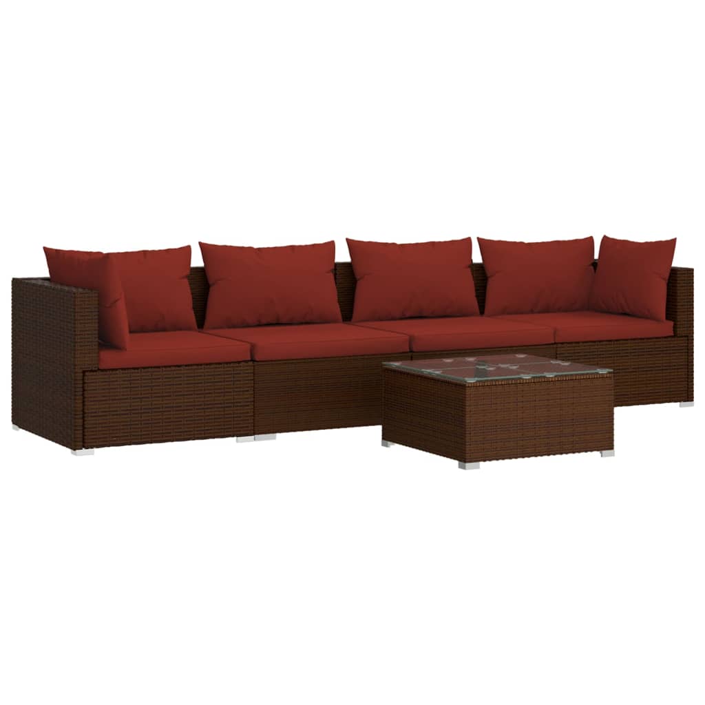 Set muebles de jardín 5 piezas y cojines ratán sintético marrón