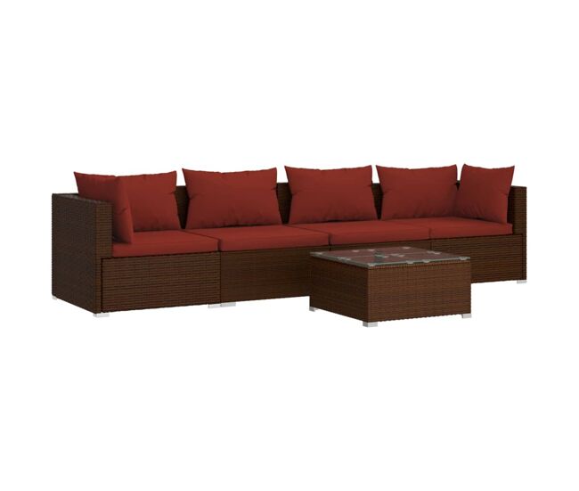 Set muebles de jardín 5 piezas y cojines ratán sintético marrón