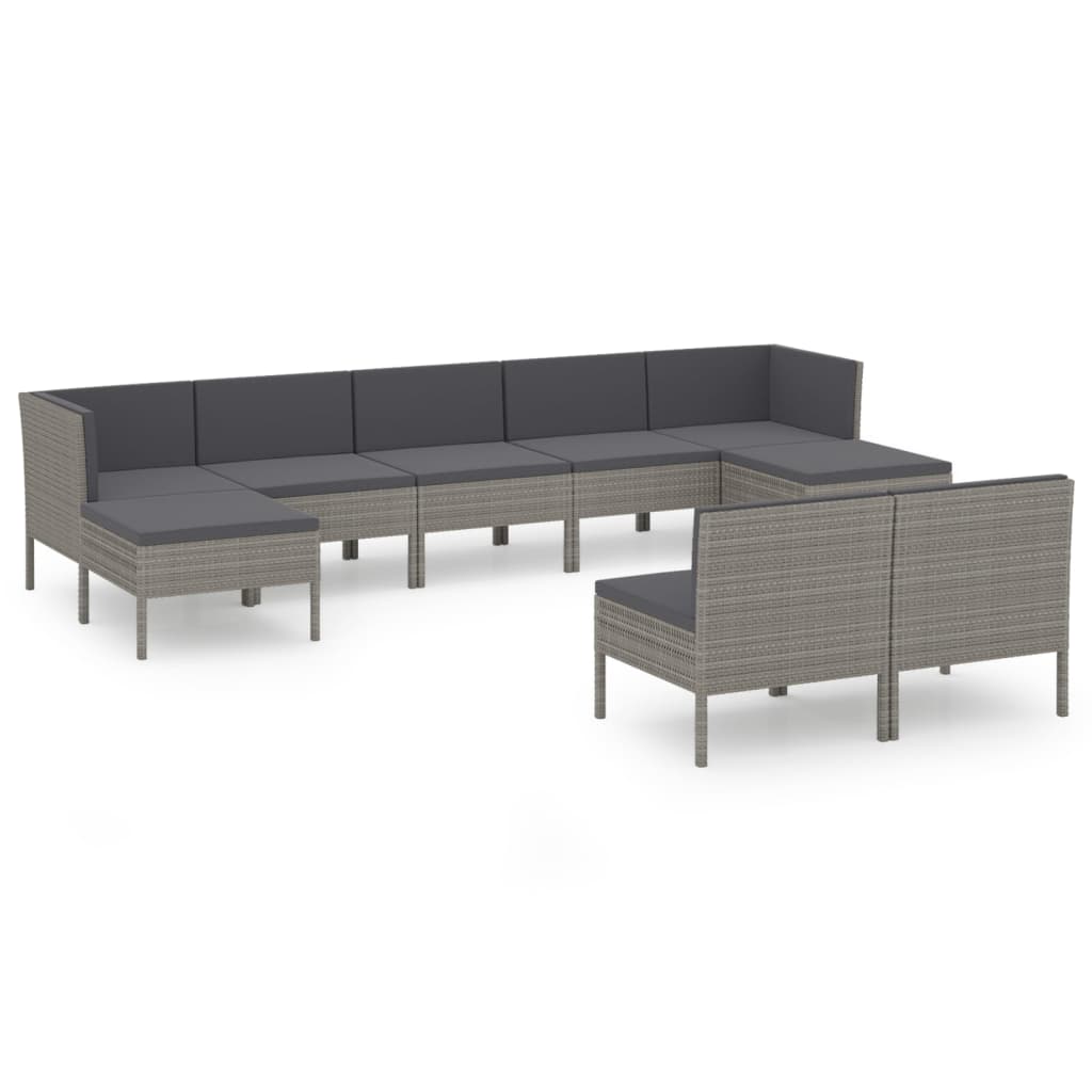 Set de muebles de jardín 9 pzas y cojines ratán sintético gris