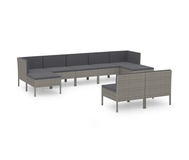 Set de muebles de jardín 9 pzas y cojines ratán sintético gris