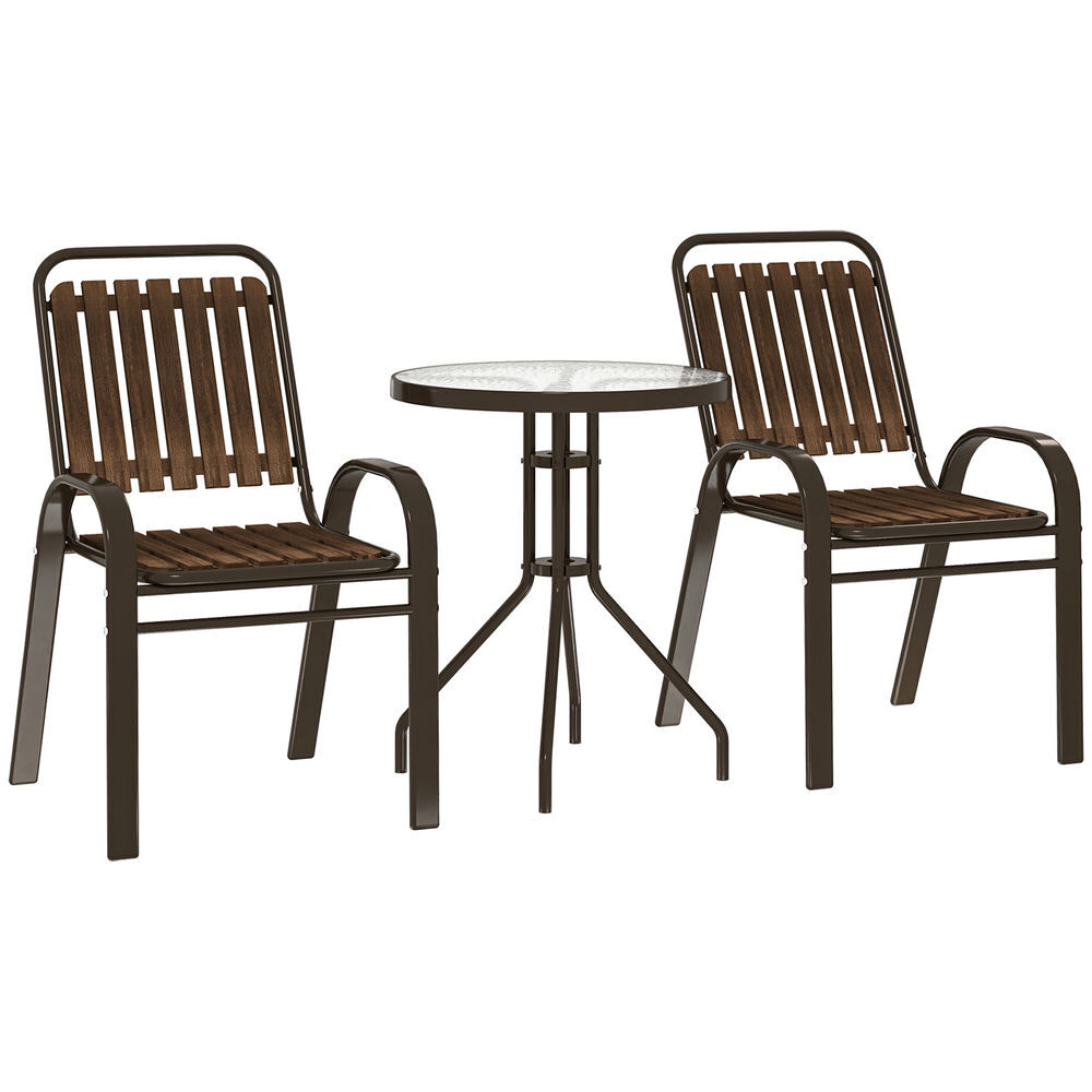 Outsunny conjunto jardín exterior de 3 piezas juego de muebles de jardín con 2 sillas apilables mesa con encimera de vidrio templado y estructura de acero para terraza patio balcón marrón oscuro