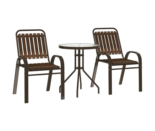 Outsunny conjunto jardín exterior de 3 piezas juego de muebles de jardín con 2 sillas apilables mesa con encimera de vidrio templado y estructura de acero para terraza patio balcón marrón oscuro