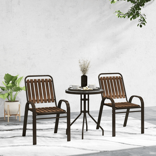 Outsunny Conjunto de Jardim de 3 Peças Conjunto de Móveis de Exterior com 2 Cadeiras Empilháveis Mesa com Bancada de Vidro Temperado e Estrutura de Aço para Pátio Varanda Marrom Escuro