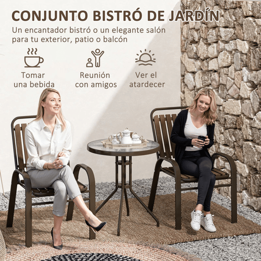Outsunny Conjunto de Jardim de 3 Peças Conjunto de Móveis de Exterior com 2 Cadeiras Empilháveis Mesa com Bancada de Vidro Temperado e Estrutura de Aço para Pátio Varanda Marrom Escuro