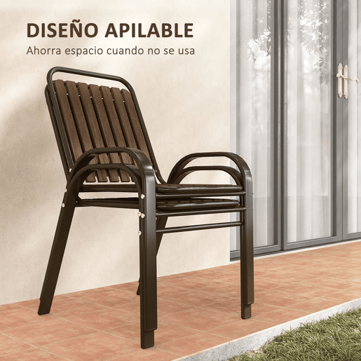 Outsunny Conjunto de Jardim de 3 Peças Conjunto de Móveis de Exterior com 2 Cadeiras Empilháveis Mesa com Bancada de Vidro Temperado e Estrutura de Aço para Pátio Varanda Marrom Escuro