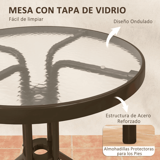 Outsunny Conjunto de Jardim de 3 Peças Conjunto de Móveis de Exterior com 2 Cadeiras Empilháveis Mesa com Bancada de Vidro Temperado e Estrutura de Aço para Pátio Varanda Marrom Escuro