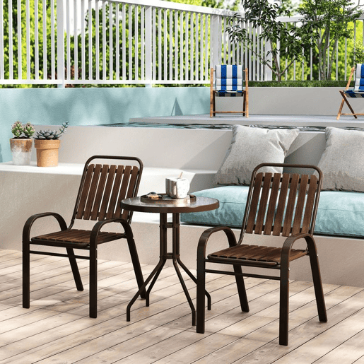 Outsunny Conjunto de Jardim de 3 Peças Conjunto de Móveis de Exterior com 2 Cadeiras Empilháveis Mesa com Bancada de Vidro Temperado e Estrutura de Aço para Pátio Varanda Marrom Escuro